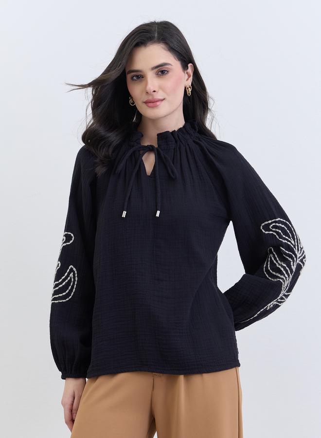 Styli Black Embroidered Long Sleeve Blouse - Image 3